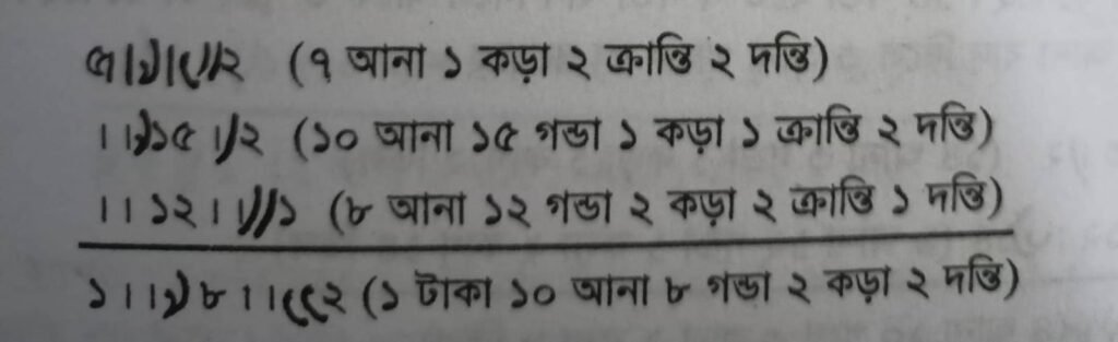 আনা, গণ্ডা, কড়া, ক্রান্তি/কাগ একসাথে লিখার নিয়ম 